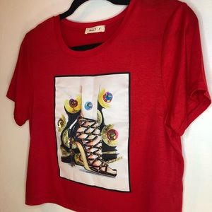 Red Shirt With Sequin Shoe Design